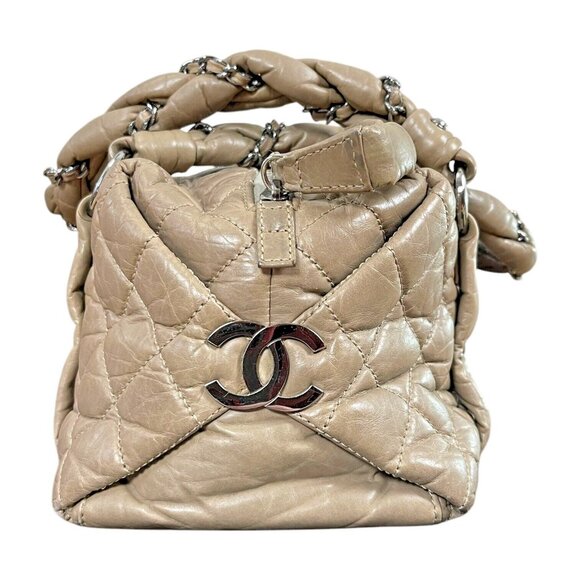 CHANEL Lady Braid Taupe Tan Chain Bowler Bag Quilted Boston Leather CC Auth - Picture 2 of 16